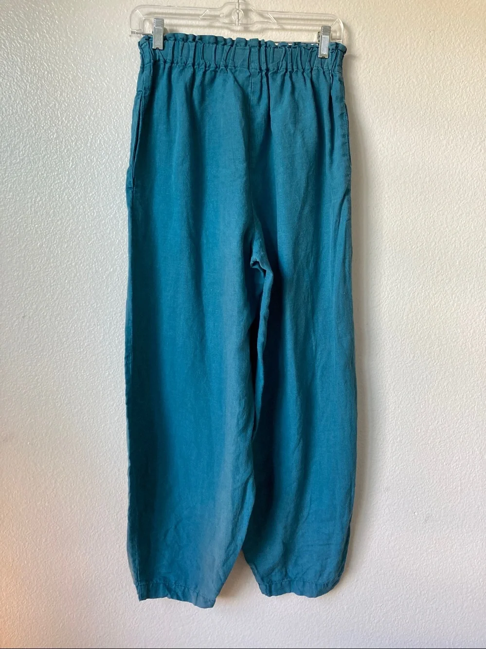 Len.OK 100% Organic Linen Lantern Hem Wide Leg Loose Fit Teal Pant Balloon sz S - Picture 4 of 5
